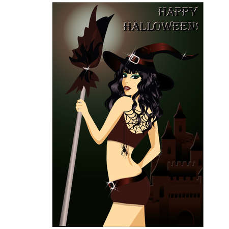Happy halloween  Sexy young witch with a broom のイラスト素材
