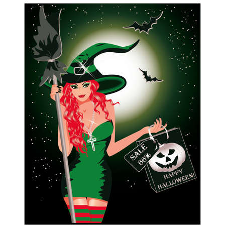 Halloween sale  Sexy witch and handbags  vector illustrationのイラスト素材