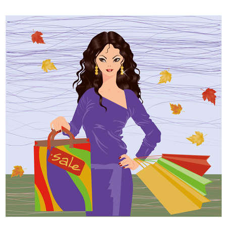 Autumn shopping brunette girl, vector illustration のイラスト素材