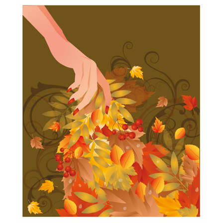 Autumn card with female hand, vector illustrationのイラスト素材