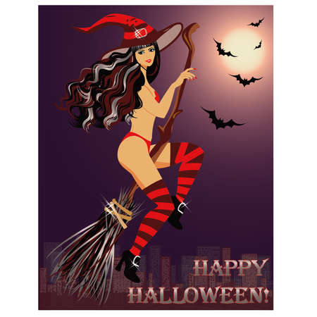 Sexy witch fly on broom in Halloweenのイラスト素材