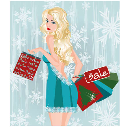 Winter sale girl with shopping bags, vector illustrationのイラスト素材