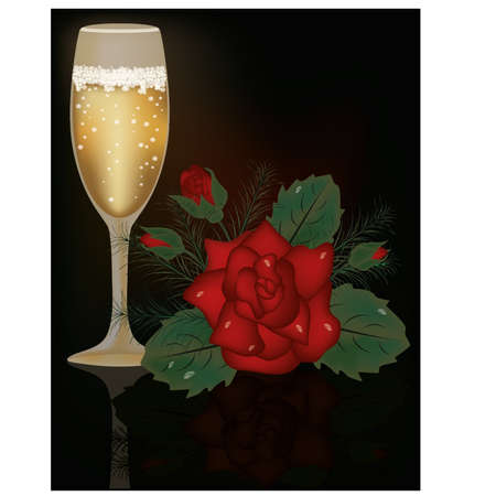 Red Rose flower and champagne, vector illustrationのイラスト素材