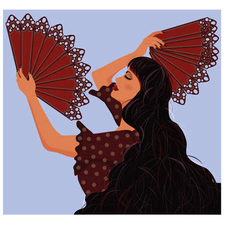 Spanish girl with two fans flamenco, illustrationのイラスト素材