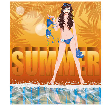 Summer time card with sexy girl in topless, vector illustrationのイラスト素材