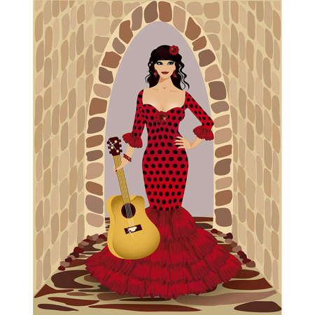 Beautiful flamenco girl with guitarのイラスト素材