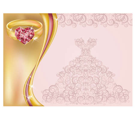 Wedding invitation card with bride dress and golden ring illustrationのイラスト素材