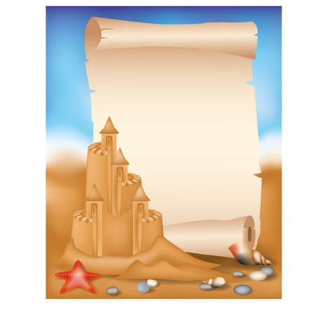 Blank paper scroll on summer beach background illustrationのイラスト素材