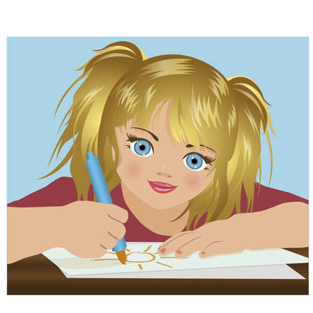 Cute little girl draw with felt tip pen illustrationのイラスト素材