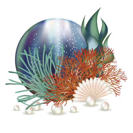 Underwater world banner with seashell and pearls illustrationのイラスト素材