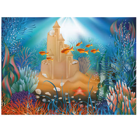 Underwater world wallpaper with sandcastle illustrationのイラスト素材
