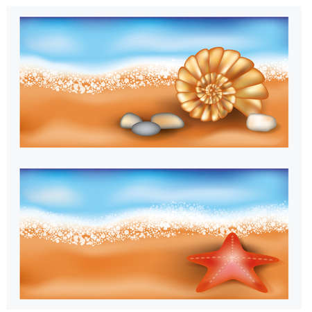 Summer beach banners with starfish and seashellのイラスト素材