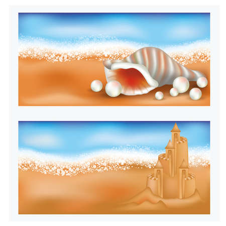 Summer tropical banners with sandcastle and seashellのイラスト素材