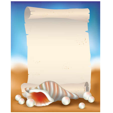 Blank paper scroll on tropical background with seashell and pearlsのイラスト素材