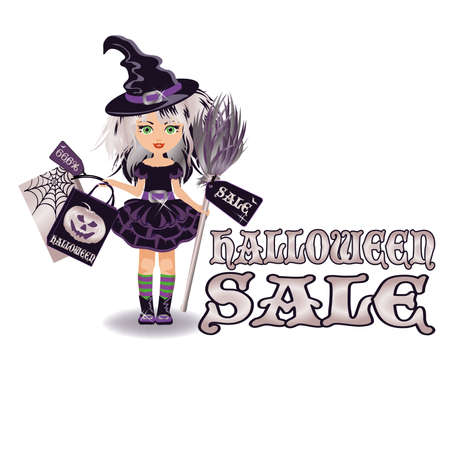 Halloween sale banner with little witchのイラスト素材