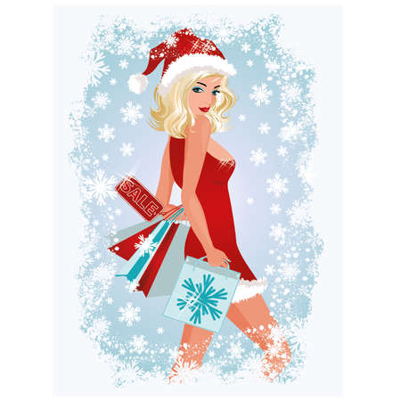 Christmas shopping sexy girl, vector illustrationのイラスト素材