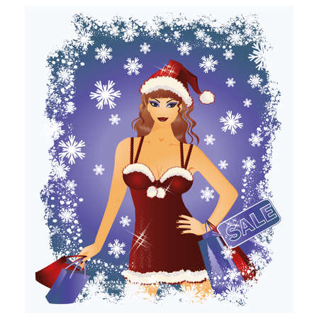 Christmas shopping Santa girl, vector illustrationのイラスト素材