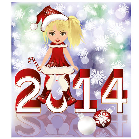 Happy 2014 New Year and Little Santa girl , vector illustrationのイラスト素材