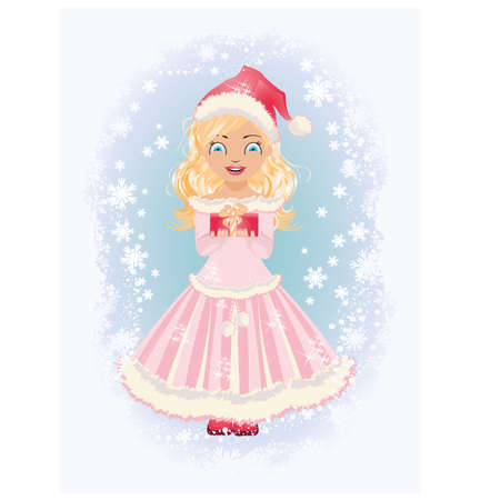 Little Santa girl with gift, vector illustrationのイラスト素材