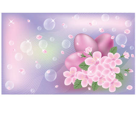 Easter cute banner with eggs and sakura flores, vector illustrationのイラスト素材