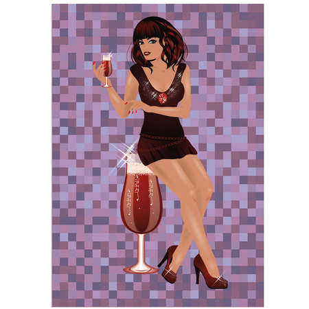 Sexual  brunet girl with red wine, vector illustrationのイラスト素材