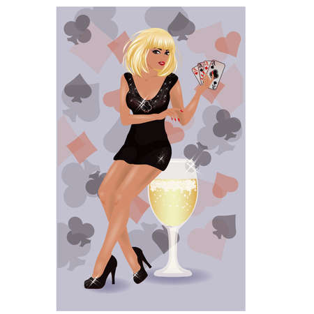 Sexy woman with poker cards and wine, vector illustrationのイラスト素材