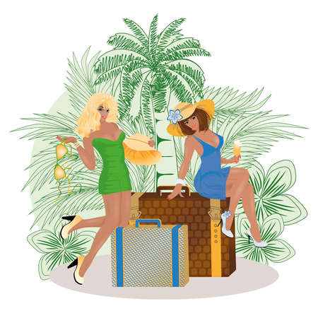 Two sexy summer travel girls, vector illustrationのイラスト素材
