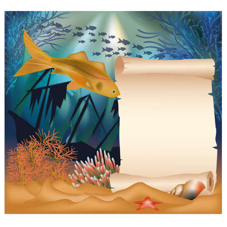 Underwater card with old ship and paper scrollのイラスト素材