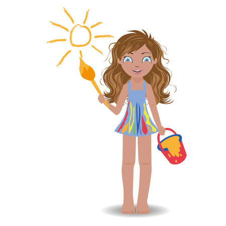 Little cute girl paint sun, illustrationのイラスト素材
