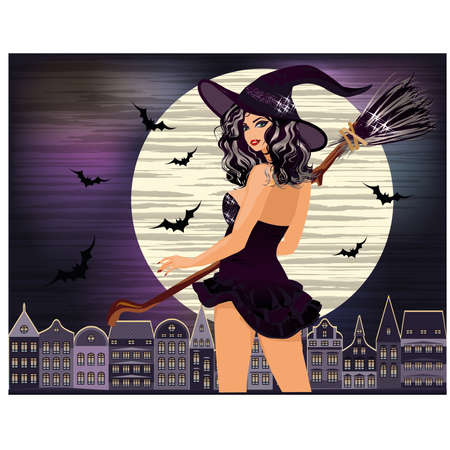 Happy Halloween. Sexy young witch with and night city, vector illustrationのイラスト素材