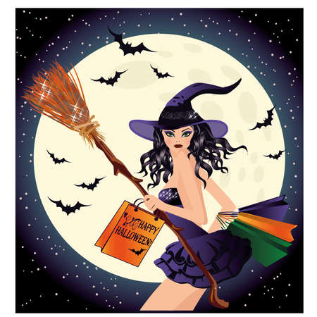 Halloween sale. Sexy witch and shopping bags, vector illustrationのイラスト素材