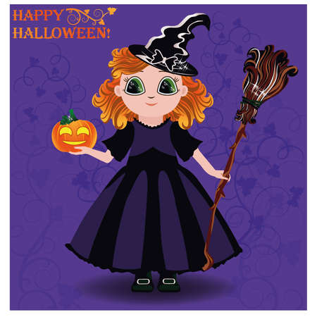 Happy Halloween. Little girl witch and pumpkin card illustrationのイラスト素材