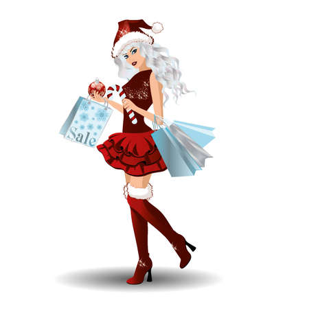 Santa girl with shopping bags and xmas ball, vector illustrationのイラスト素材