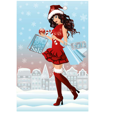 Santa girl with shopping bags in city, vector illustrationのイラスト素材