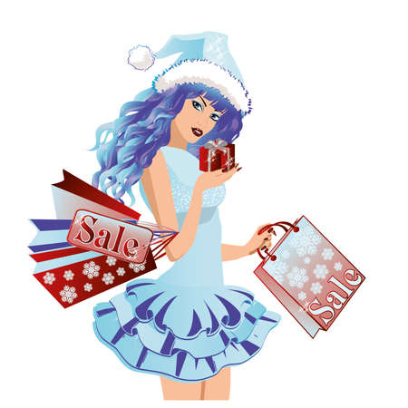 Santa girl with shopping bags , vector illustrationのイラスト素材