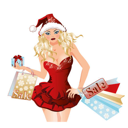 Shopping Santa girl , vector illustrationのイラスト素材