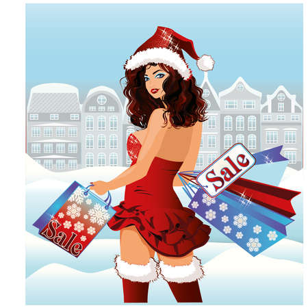 Santa girl shopping city, vector illustrationのイラスト素材
