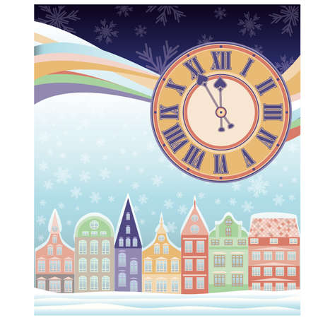 New year and Merry Christmas winter card with clock, vector illustrationのイラスト素材