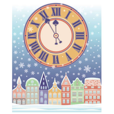 Merry Christmas winter card with clock, vector illustrationのイラスト素材