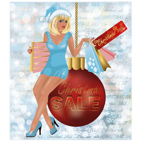 Christmas sale shopping girl, vector illustrationのイラスト素材
