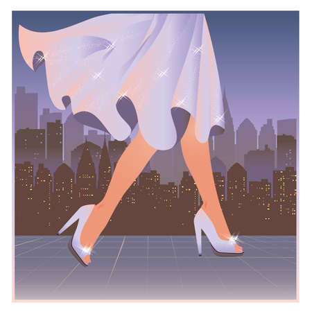 Spring shopping girl in city, vector illustrationのイラスト素材