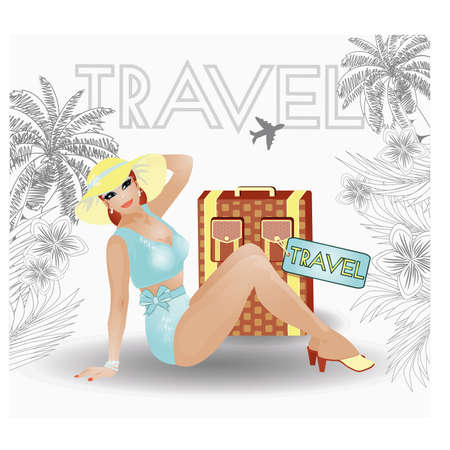 Summer travel pin up sexy women, vector illustrationのイラスト素材