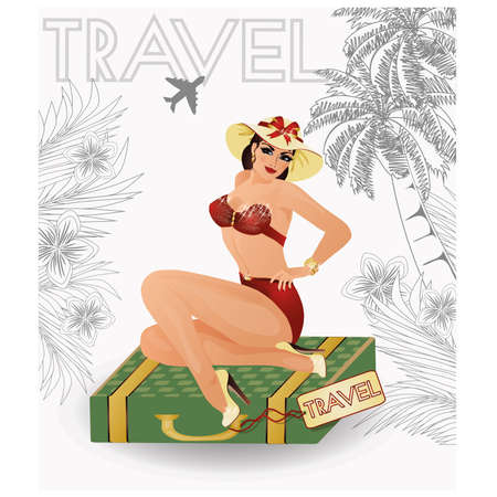 Summer travel sexy pin up girl, vector illustrationのイラスト素材