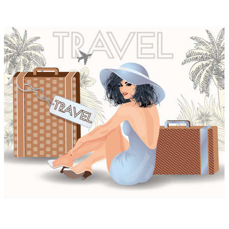 Summer travel beauty girl pin up, vector illustrationのイラスト素材