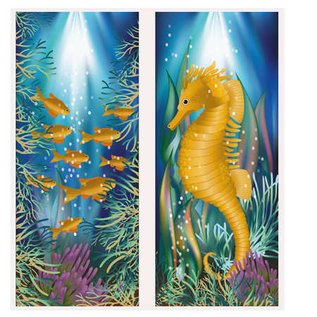 Underwater banner with seahorse and golden fish, vector illustrationのイラスト素材