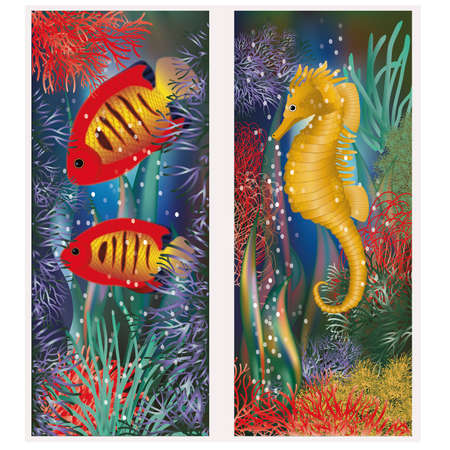 Underwater banners with seahorse and red tropical fish, vector illustrationのイラスト素材