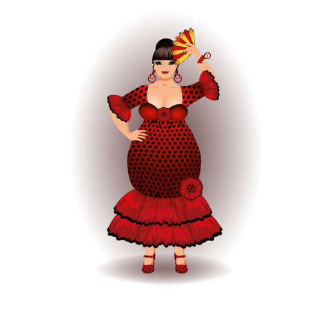 Beautiful spanish flamenco girl XXL with a fan, vector illustrationのイラスト素材