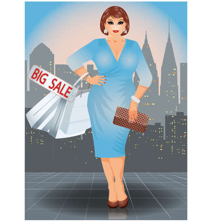 Plus size shopping woman in city, vector illustrationのイラスト素材