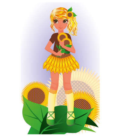 Sunflower young girl, vector illustrationのイラスト素材