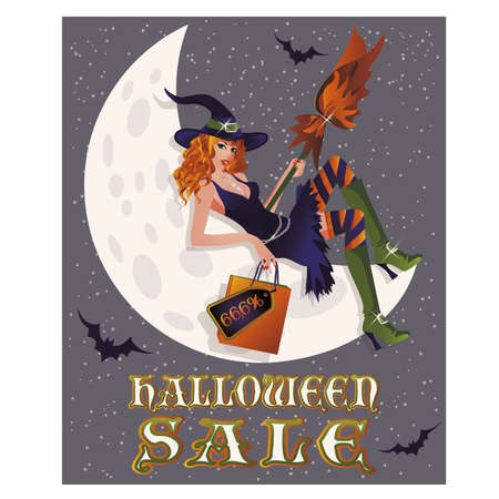 Halloween sale background with sexy witch and moon, vector illustrationのイラスト素材